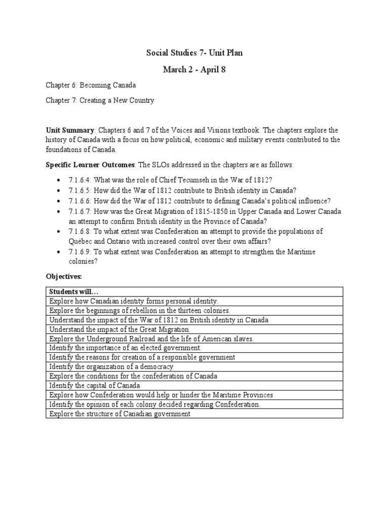 Social Studies 7 Unit Plan | PDF | War Of 1812 | Canada
