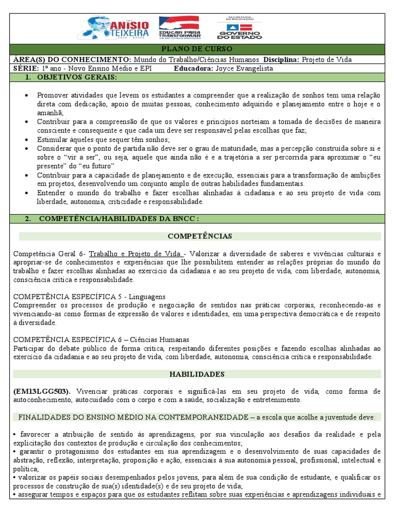 Projeto de Vida no Ensino Médio | PDF | Liberdade | Aprendizado