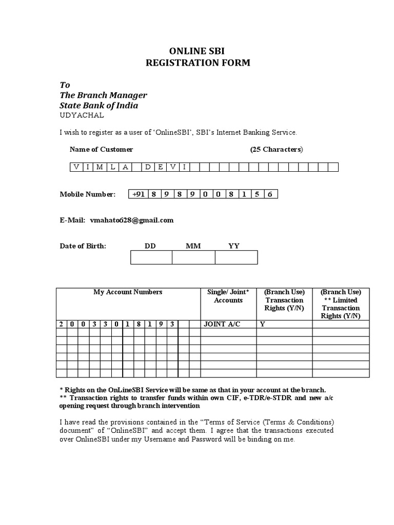 Online Sbi Registration Form: To The Branch Manager State Bank of India ...