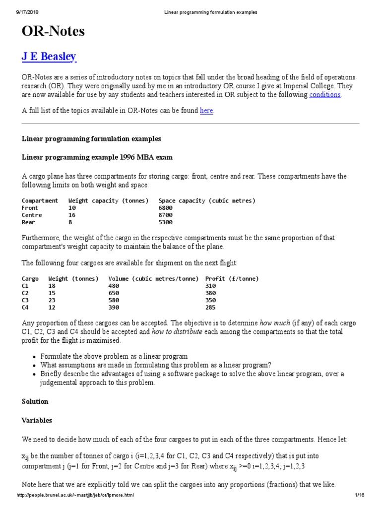 Linear programming formulation and solution examples | PDF | Linear ...