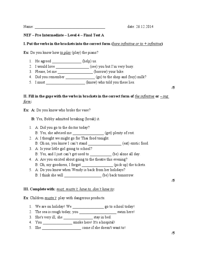 NEF Pre Intermediate Final Test A | PDF | Grammar | Linguistics