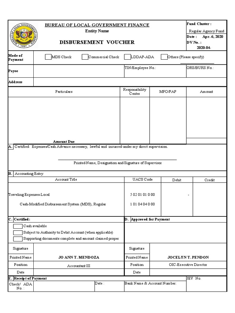 Disbursement Voucher DV 1 | PDF | Payments | Cheque