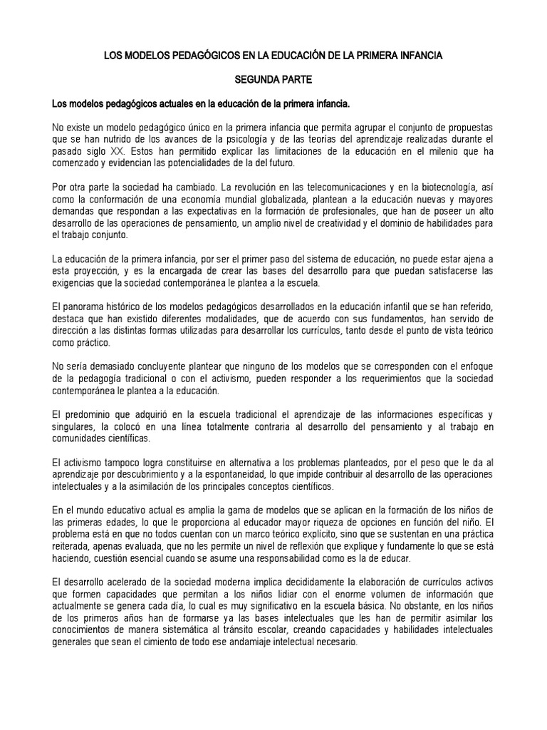 Los Modelos Pedagogicos de La Educacion de La Primera Infancia | PDF ...