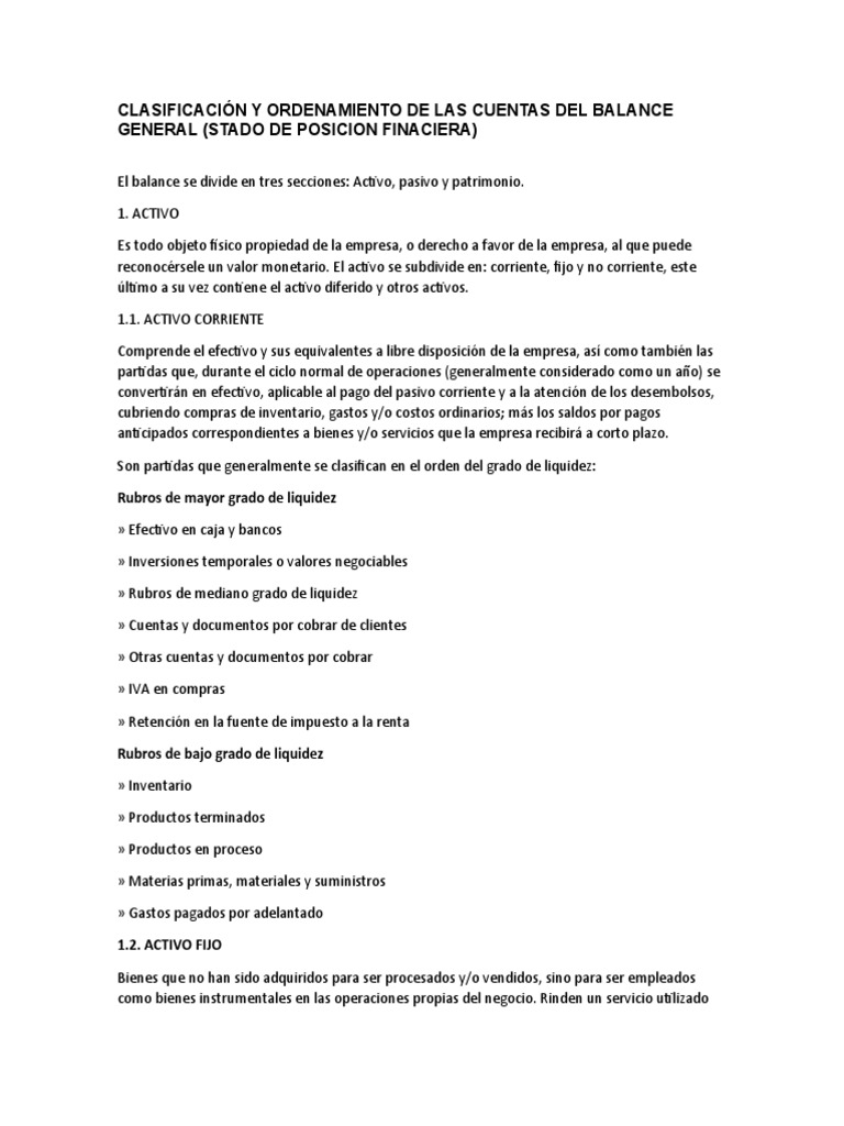 Clasificación y Ordenamiento de Las Cuentas Del Balance General | PDF ...
