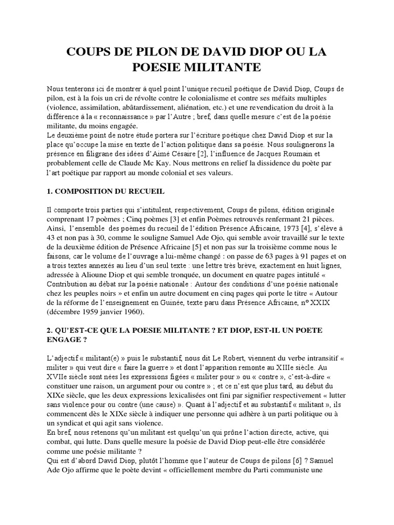 David Diop Coups De Pilon Ou La Poesie Militante Copie Pdf Afrique Poesie