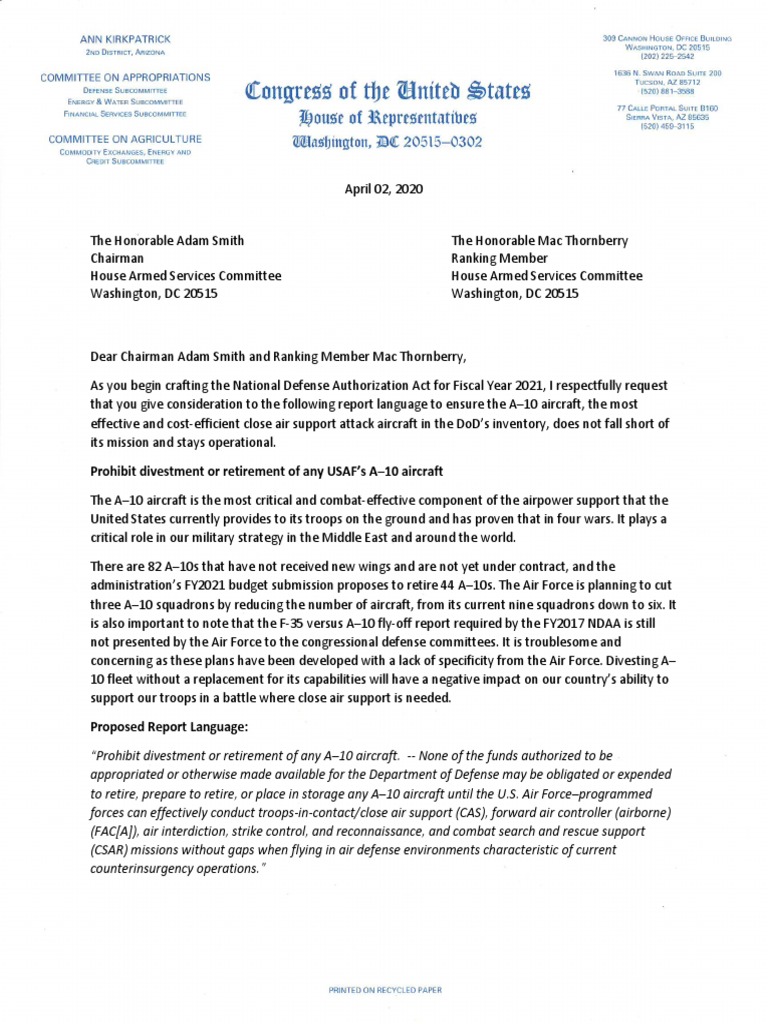 Kirkpatrick Letter To The House Armed Services Committee PDF Close