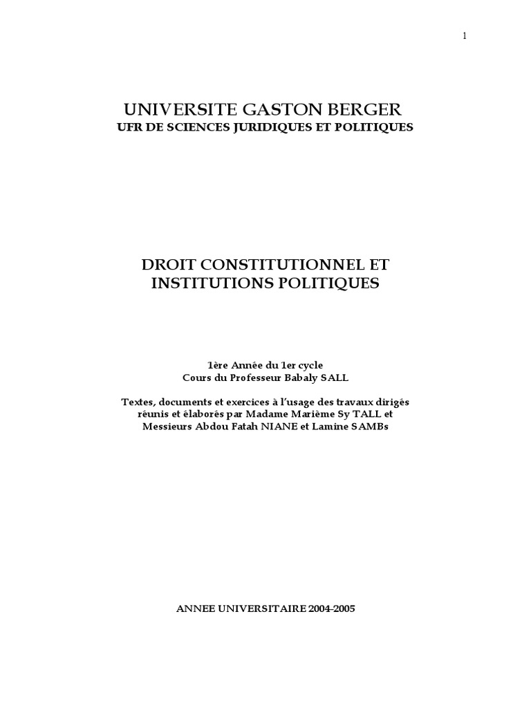 Cours De Droit Constitutionnel 1ère Année Semestre 1 Pdf Cours de Droit Constitutionnel B. SALL | PDF | État | Constitution