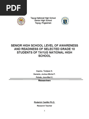Level of awareness and readiness Towards Senior High School of the Grade 10 High School Students