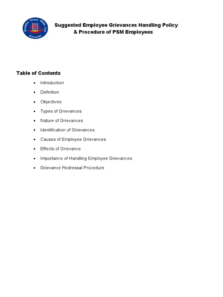 Policy of Handling Employee Grievances of PSM Employees PDF