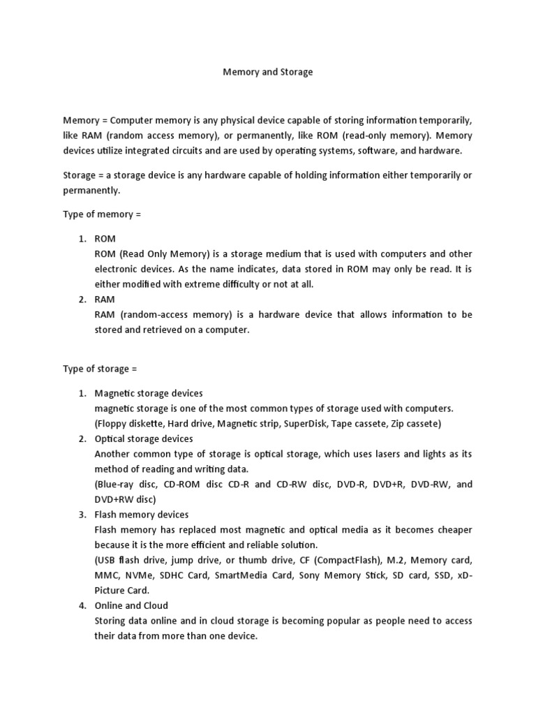 Memory and Storage PDF Computer Data Storage Random Access Memory
