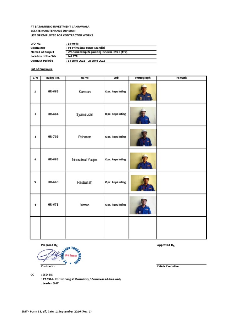 Employee List for Contractor Works | PDF