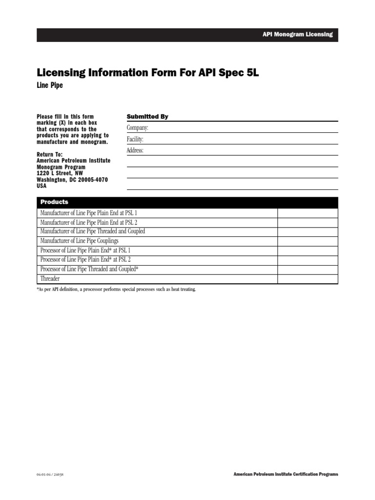 Licensing Information Form For API Spec 5L: Line Pipe | PDF