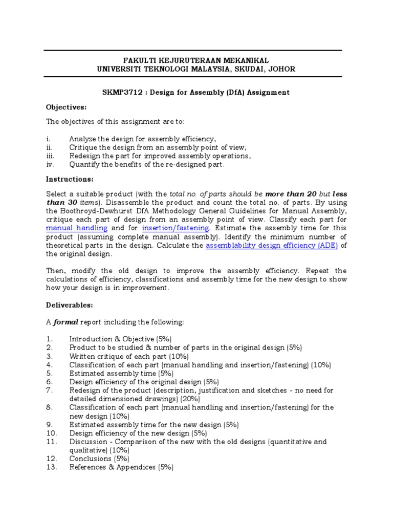 Design for Assembly Assignment Guide | PDF