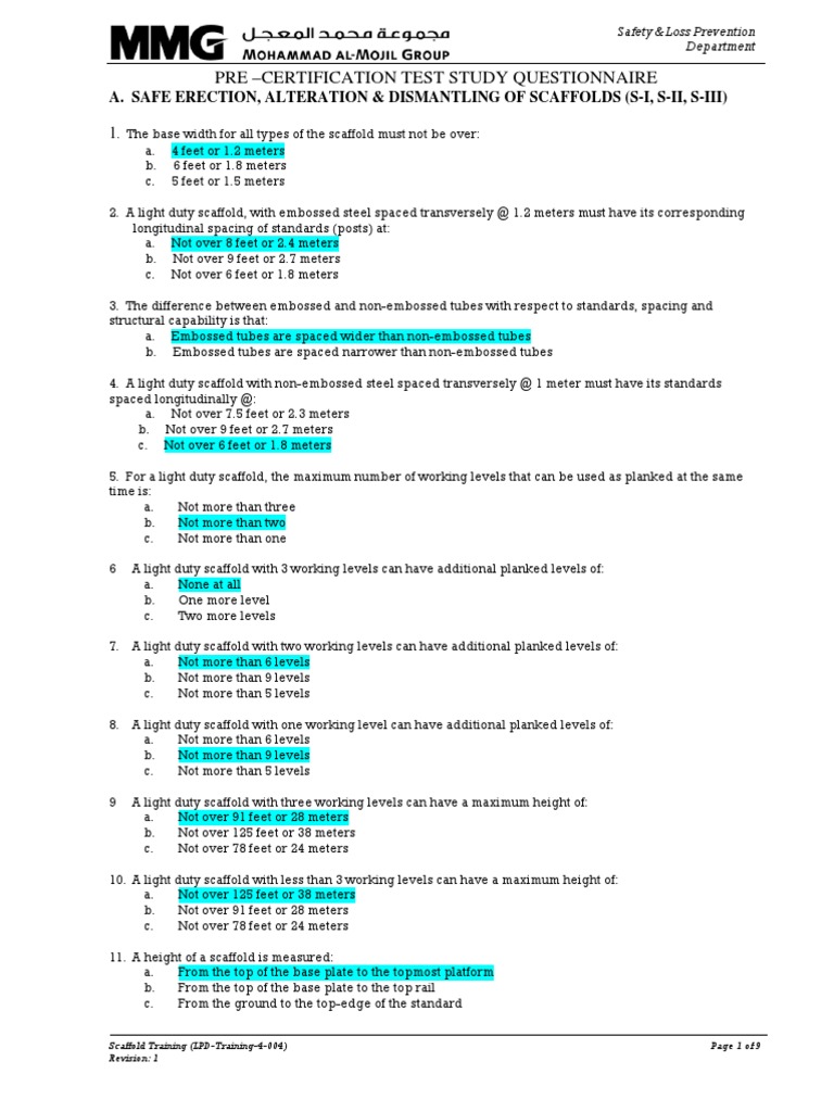 Aramco Scaffolding Supervisor Test Guide | PDF | Ladder | Scaffolding
