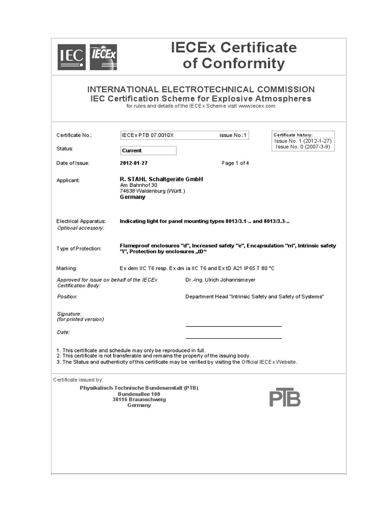 Ex Certificate IECEXPTB070010X 001 00 PDF Ac Power Plugs And