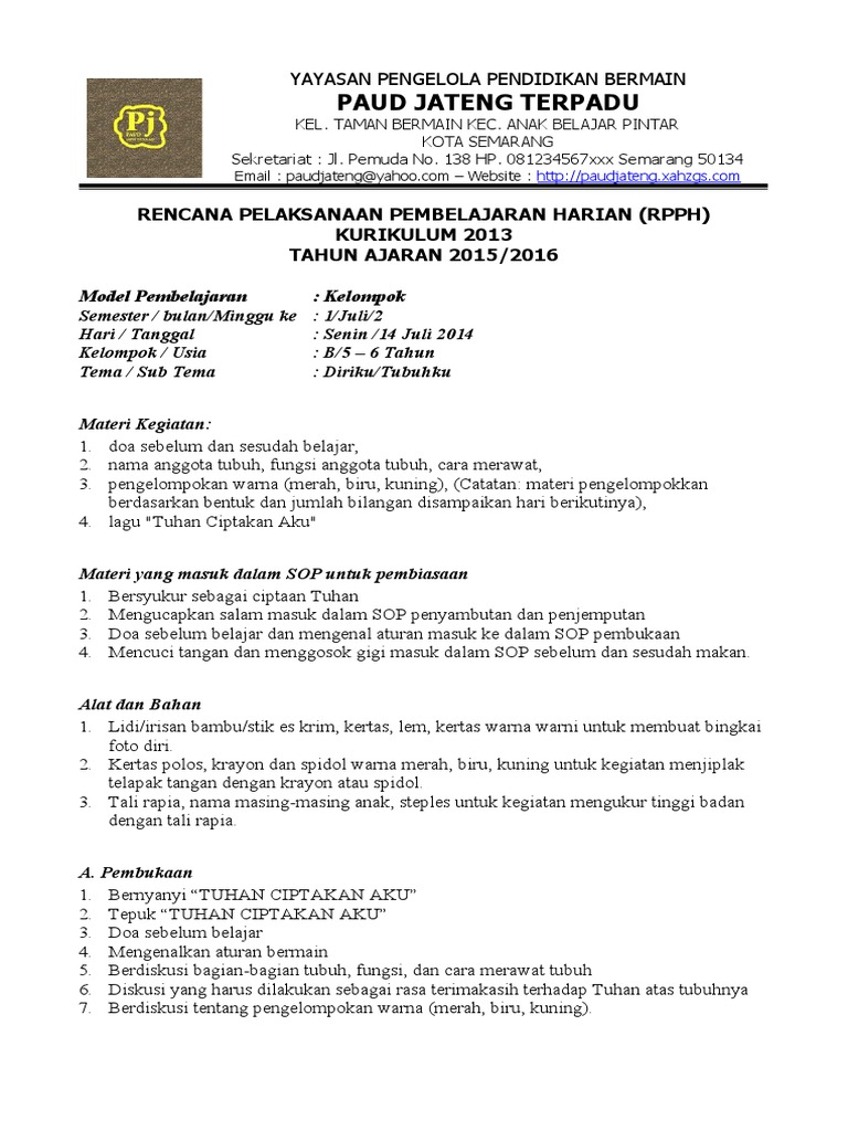 3 RPPH Paud Model Kelompok Kurikulum 2013....... | PDF