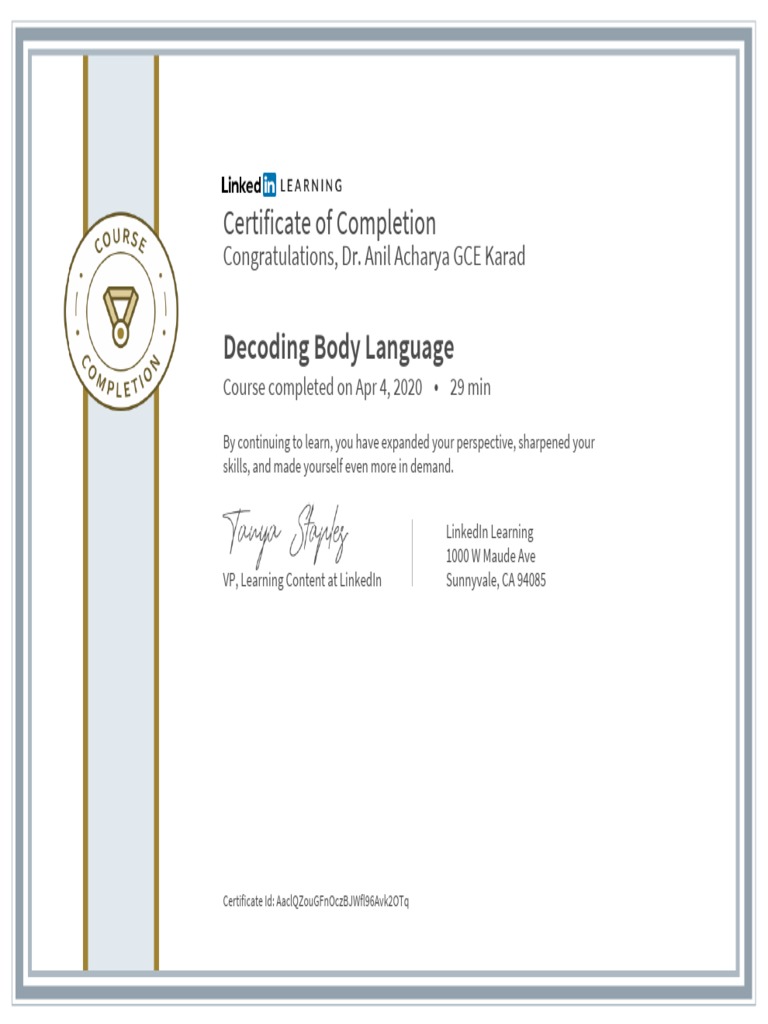 CertificateOfCompletion - Decoding Body Language | PDF | Business
