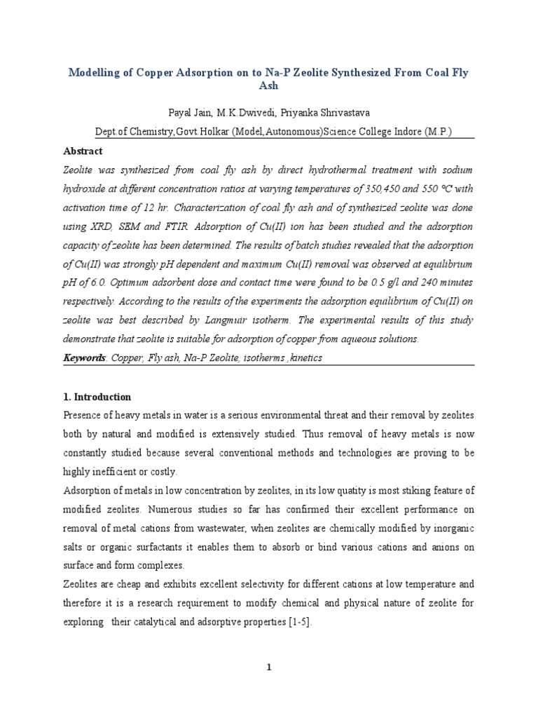 Copper Adsorption on Na-P Zeolite from Fly Ash | PDF | Adsorption | Zeolite