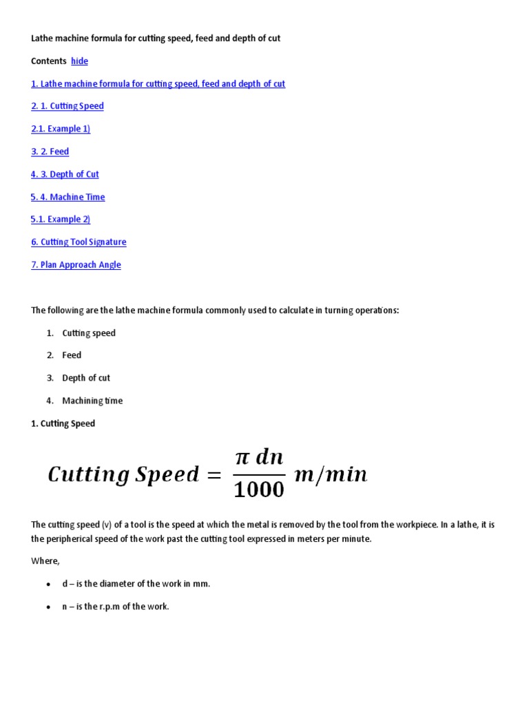 Lathe Machine Formulas for Cutting Speed | PDF | Machining | Metalworking