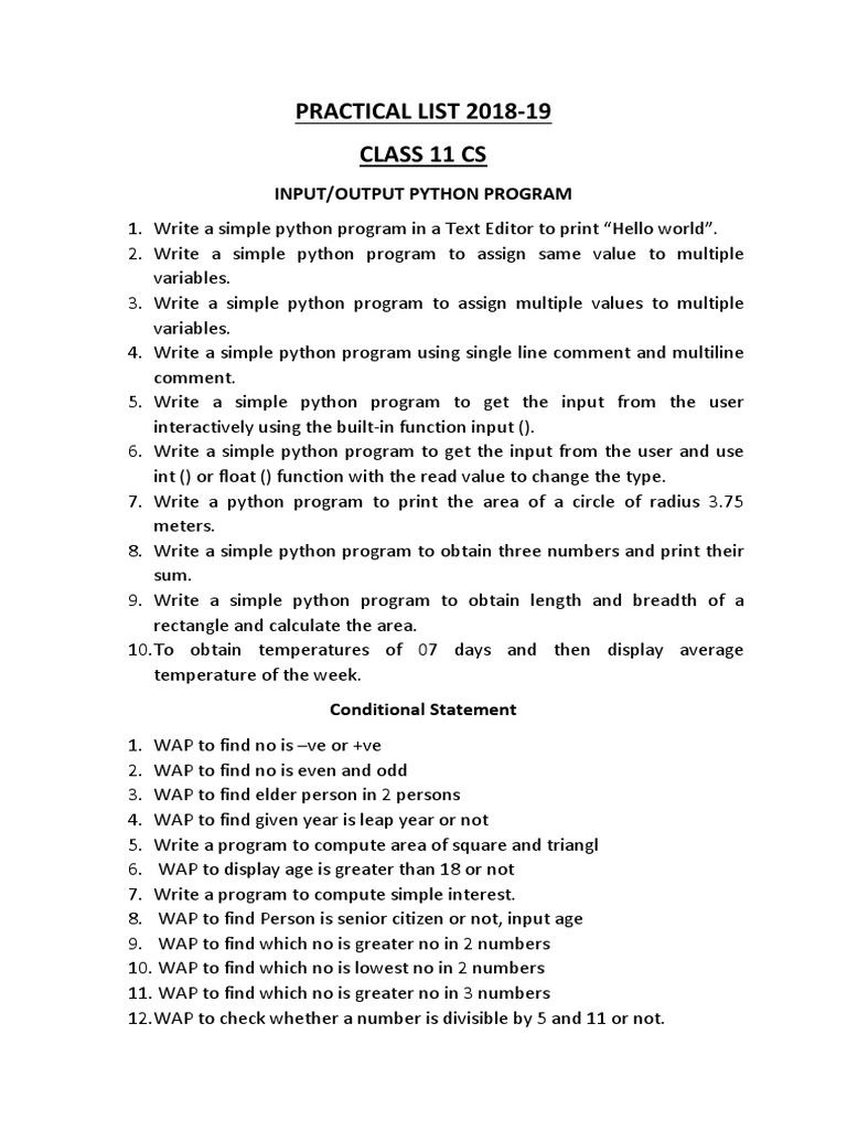 Practical List 2018-19 Class 11 CS: Input/Output Python Program | PDF ...