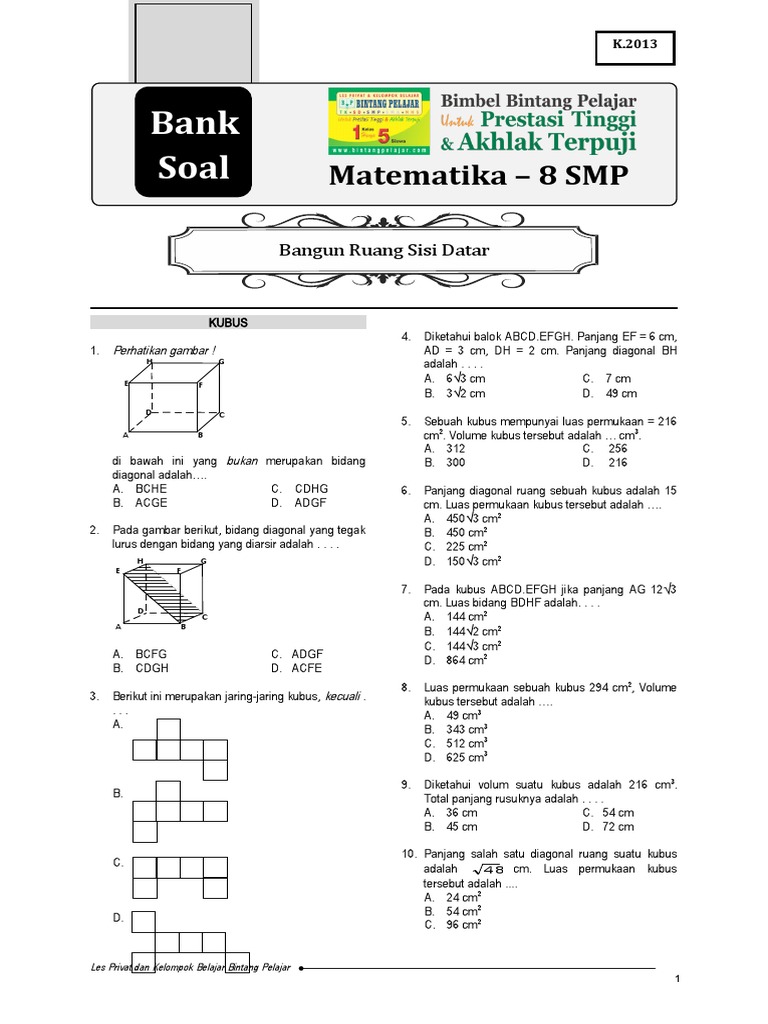 11 Bank Soal Cabang Matematika 8 Smp Bangun Ruang Sisi Datar Doc