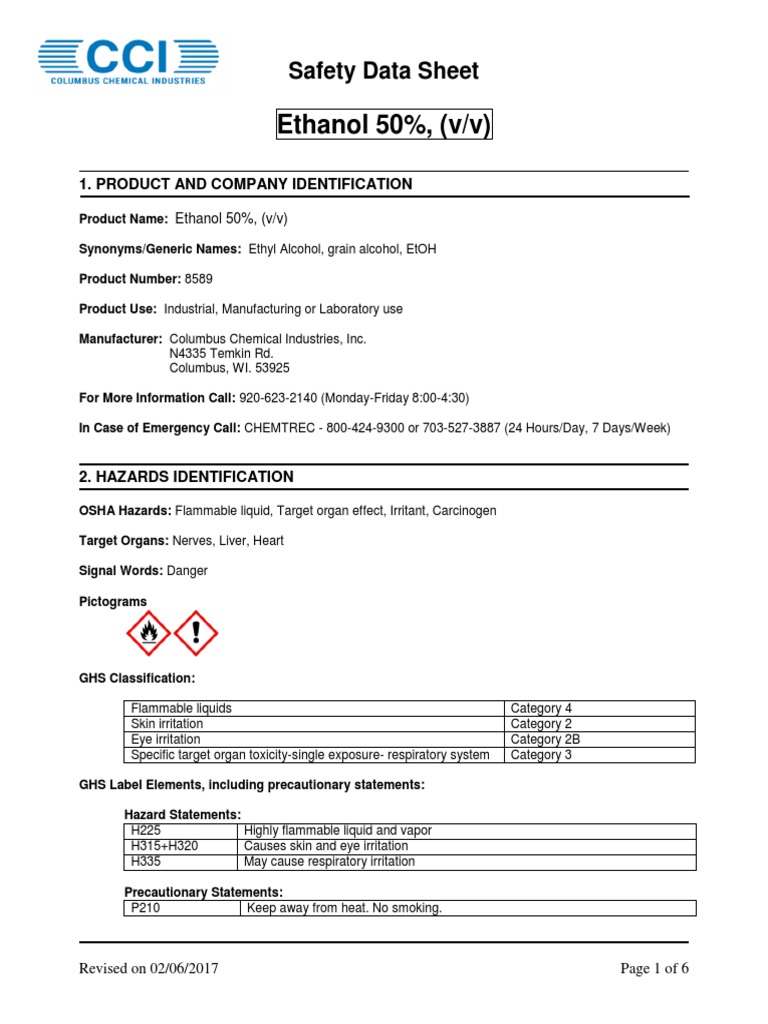 Ethanol 50%, MSDS | PDF | Firefighting | Ethanol