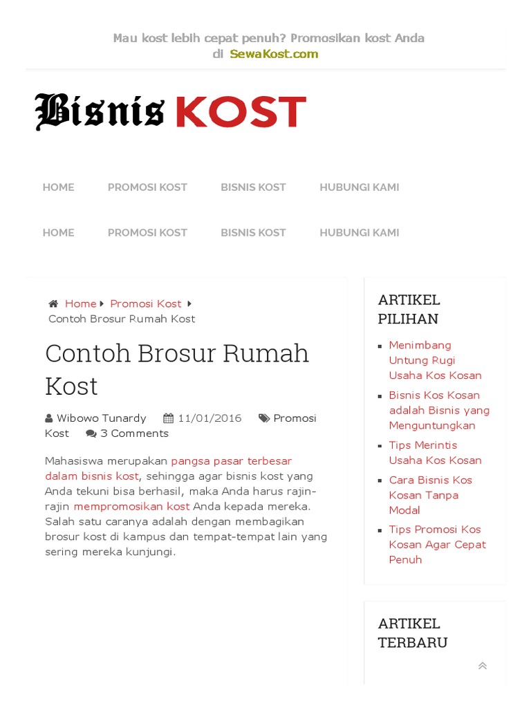 Contoh Brosur Rumah Kost - Bisnis Kost | PDF