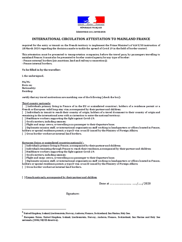 Attestation Deplacement International Tr France Global Politics