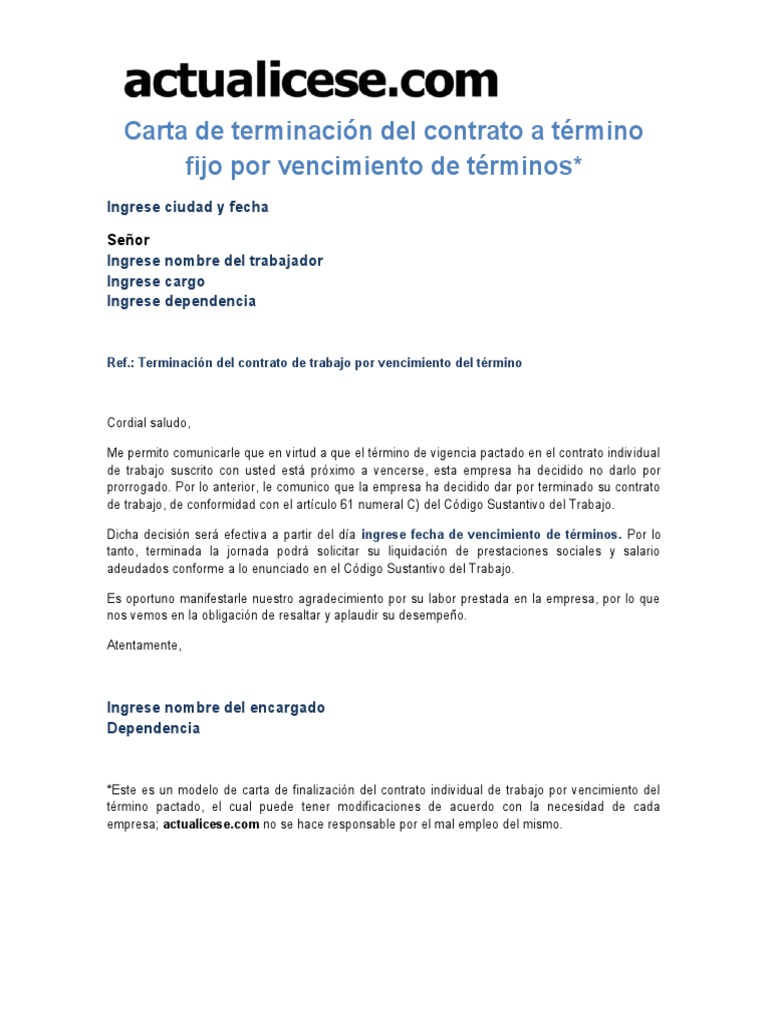 Carta de terminación del contrato a término fijo por vencimiento de
