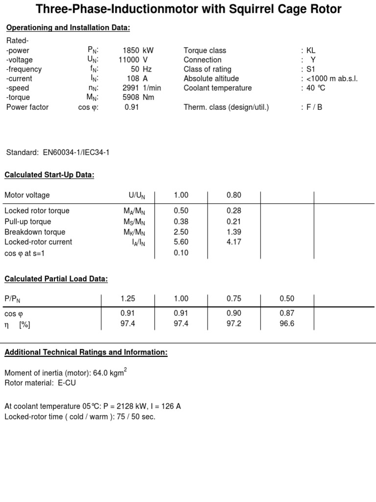 Three-Phase Induction Motor Specs | PDF | Physical Quantities ...