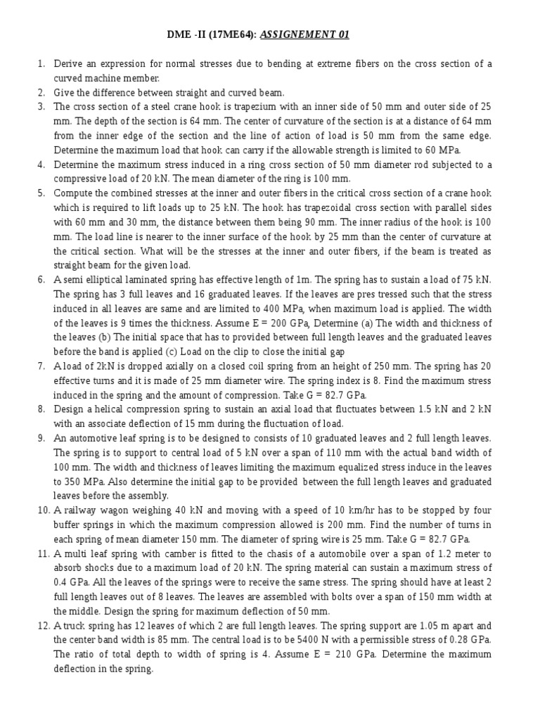 Mechanical Engineering Design Assignments Covering Stress Analysis