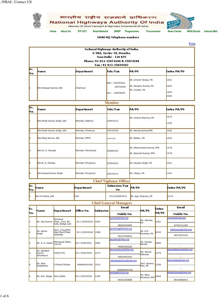 NHAI Contact Directory and Details | PDF | Transport | Sikhism