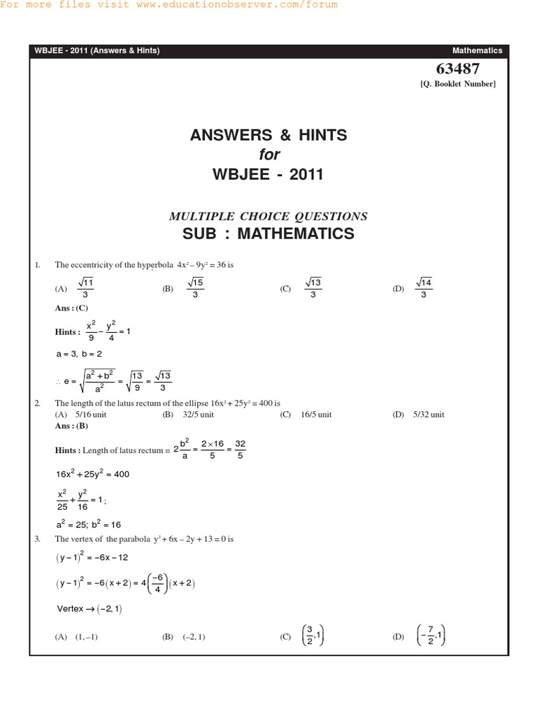 WBJEE 2011 Mathematics Solutions | PDF | Matrix (Mathematics) | Ellipse