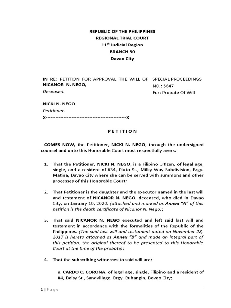 Petition for Probate of Nicanor N. Nego | PDF | Probate | Private Law