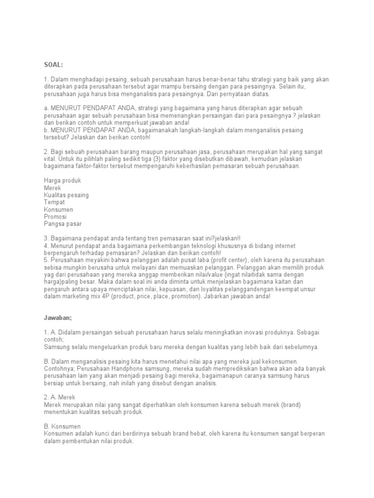 Soal Manajemen Pemasaran