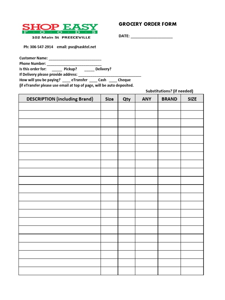 Grocery Order Form Template | PDF