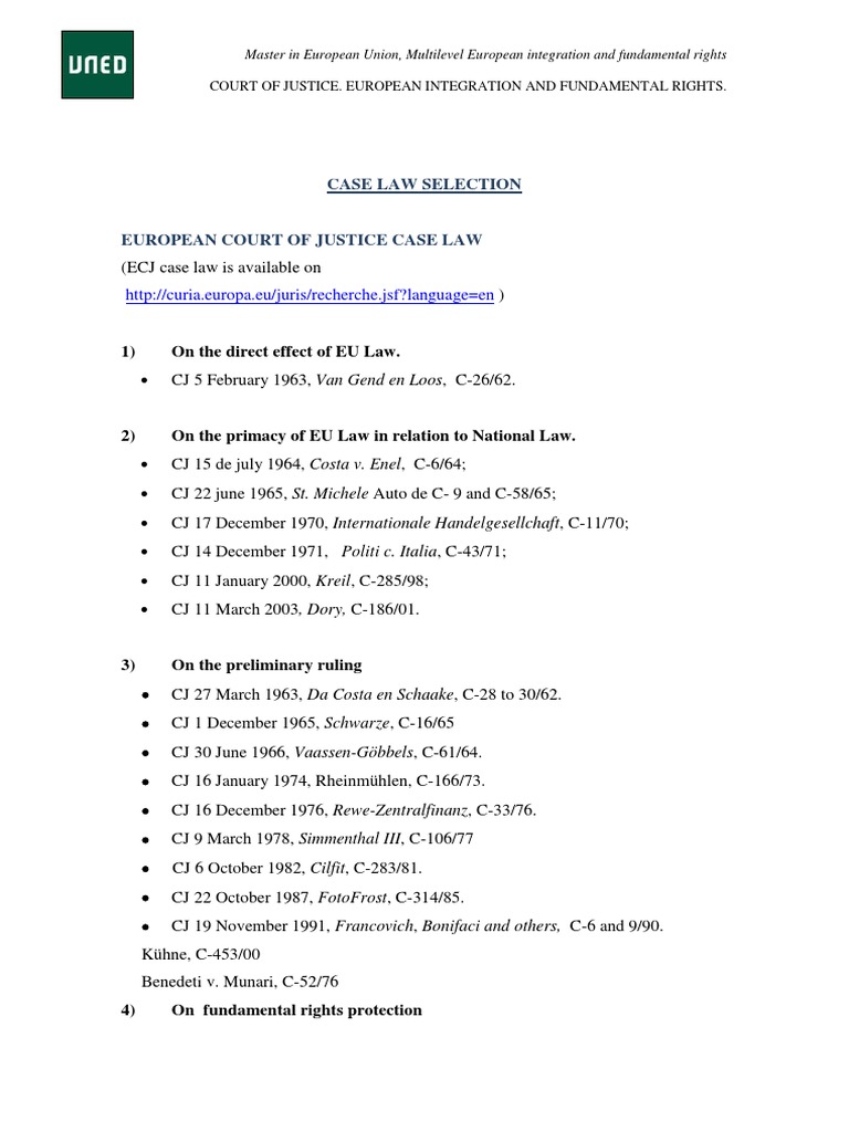 Case Law Selection PDF | PDF | European Court Of Justice | European ...