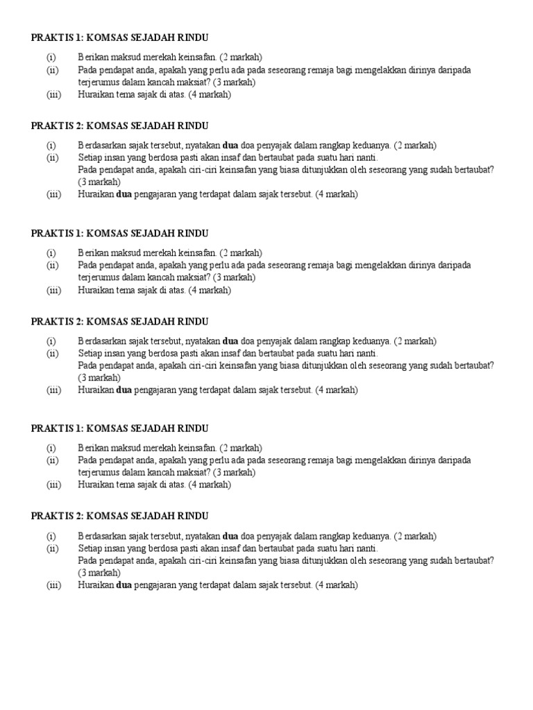 Latihan Antologi Sejadah Rindu Mengikut Muka Surat