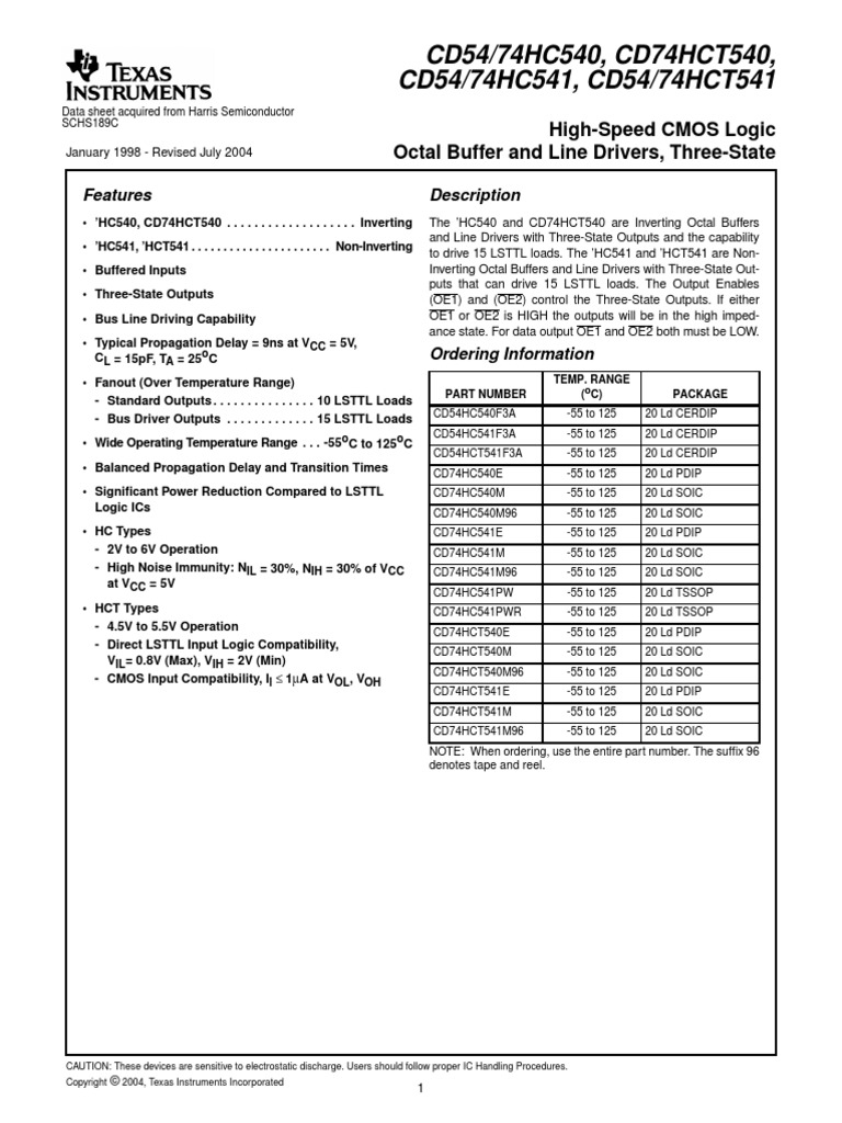 Cd 74 Hct 540 Pdf Electronics Electronic Engineering