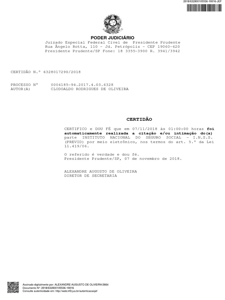 Certidão Intimação Eletrônica PDF | PDF