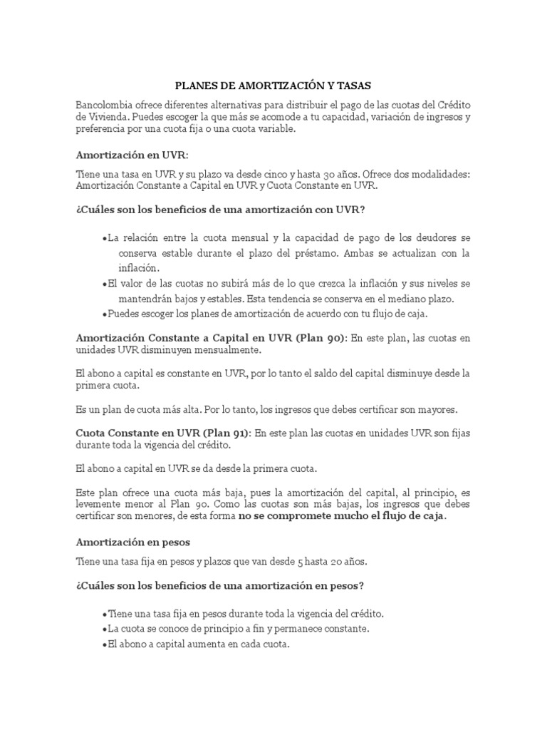 Planes de Amortización en UVR y Pesos | PDF