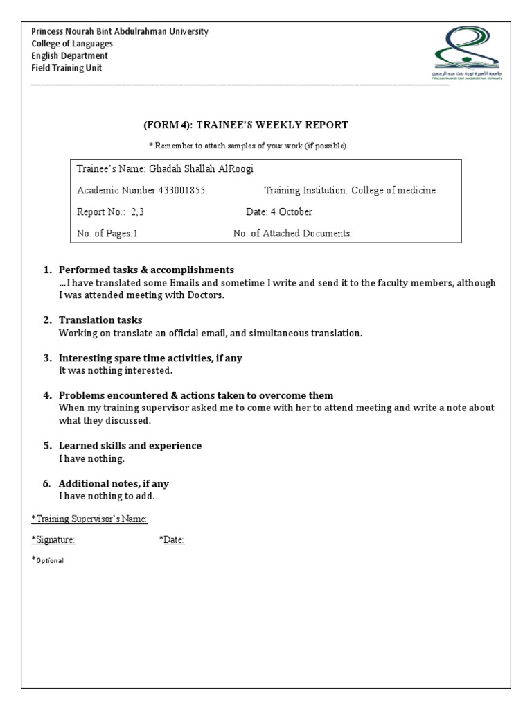 Form (4) Weekly Report 3 | PDF | Career & Growth