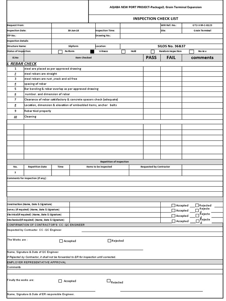 Check List For Rebar & Formwork PDF Building Materials Building