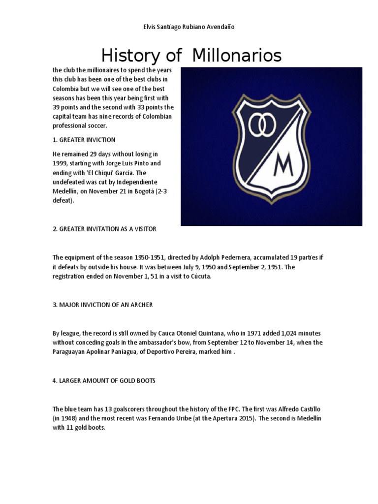 History of Millonarios | PDF | Sports Clubs | Association Football Clubs