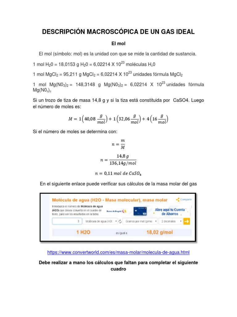 Cálculo de Moles y Masa Molar en Gases | PDF | Mole (Unidad) | Gases