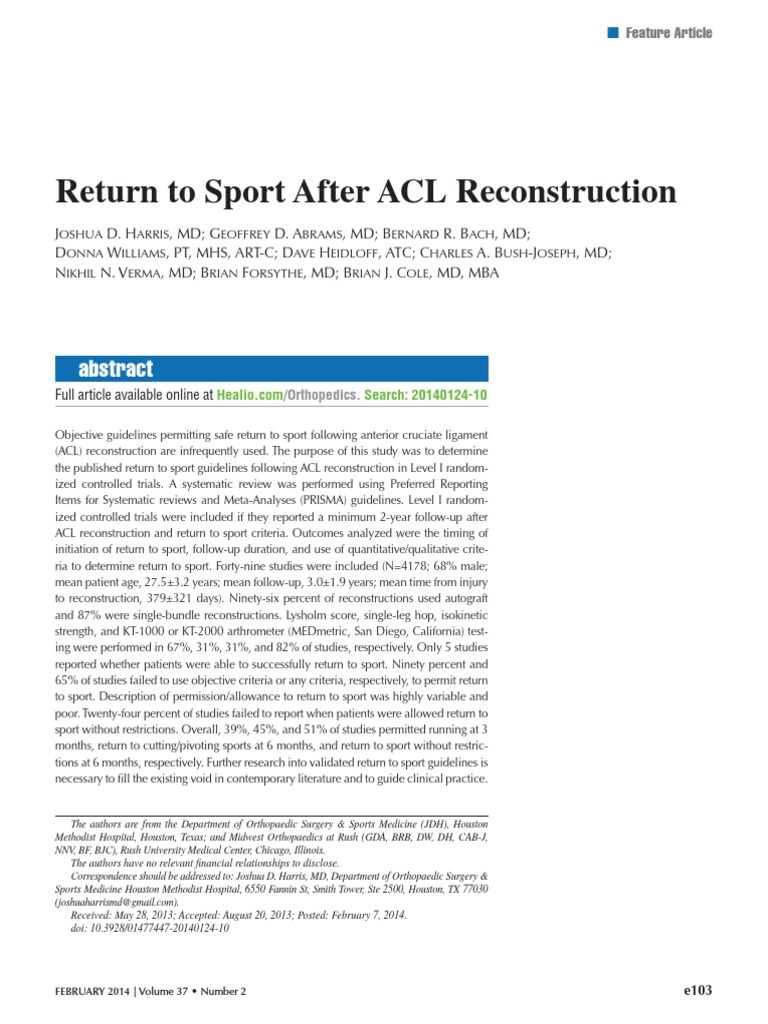 2014 Return To Sport After ACL Reconstruction PDF Systematic Review