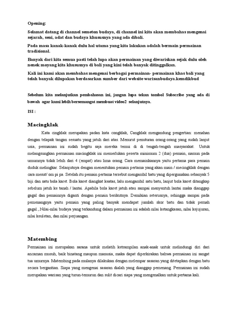 Permainan Tradisional Khas Bali | PDF