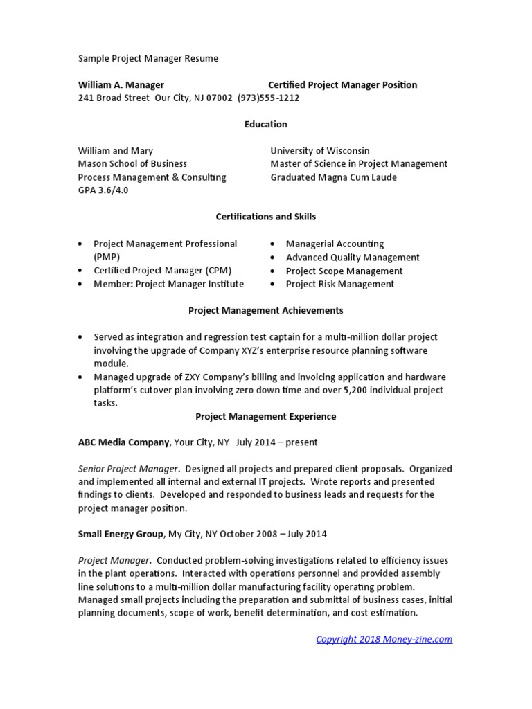 Sample Project Manager Resume | PDF