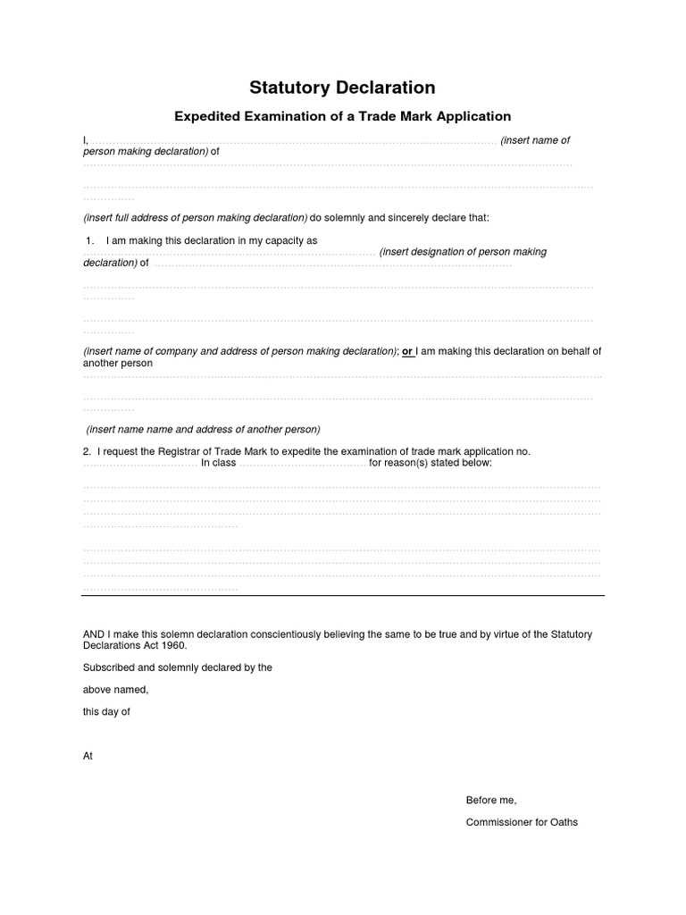 Statutory Declaration: Expedited Examination of A Trade Mark ...
