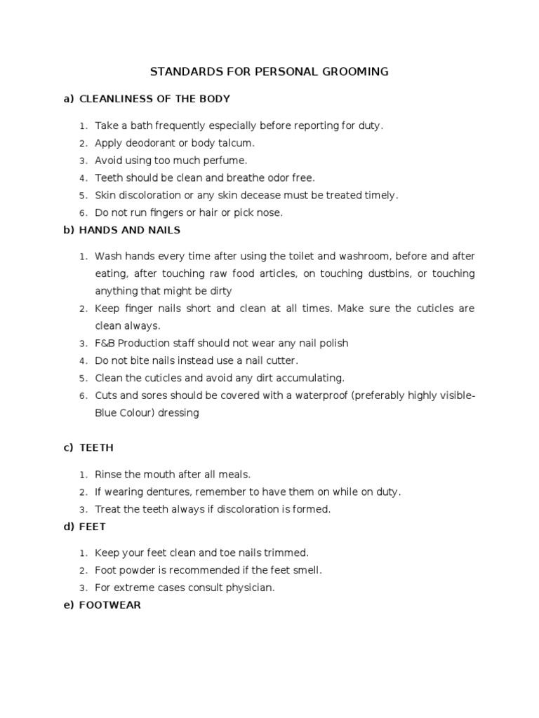 Standards For Personal Grooming A) Cleanliness of The Body PDF